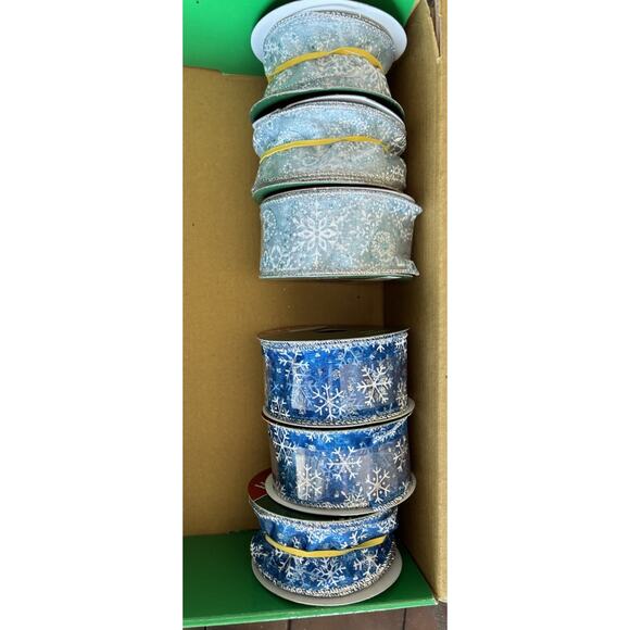 Lot of 8 Blue & Silver Decorative Holiday Ribbons Snowflake Foil Wired New Used - Picture 2 of 14